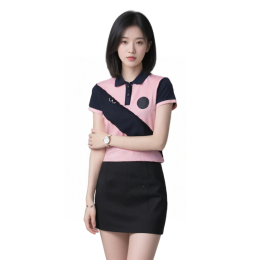 【訂製粉藍拼接女款短袖Polo衫】|粉色與寶藍拼接|翻領設計|短袖款式|兩粒紐|斜條紋拼接裝飾|Polo 供應商  P1824 【訂製粉藍拼接女款短袖Polo衫】|粉色與寶藍拼接|翻領設計|短袖款式|兩粒紐|斜條紋拼接裝飾|Polo 供應商  P1824